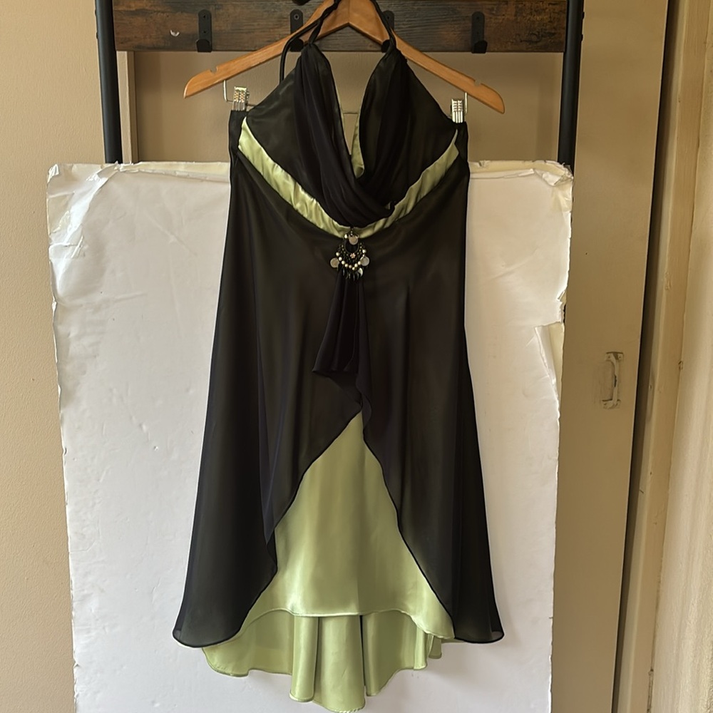 Vintage y2k Halter Dress Black Green Betsey Johnson Whimsy Goth Fairy Mini Bias - Picture 4 of 17